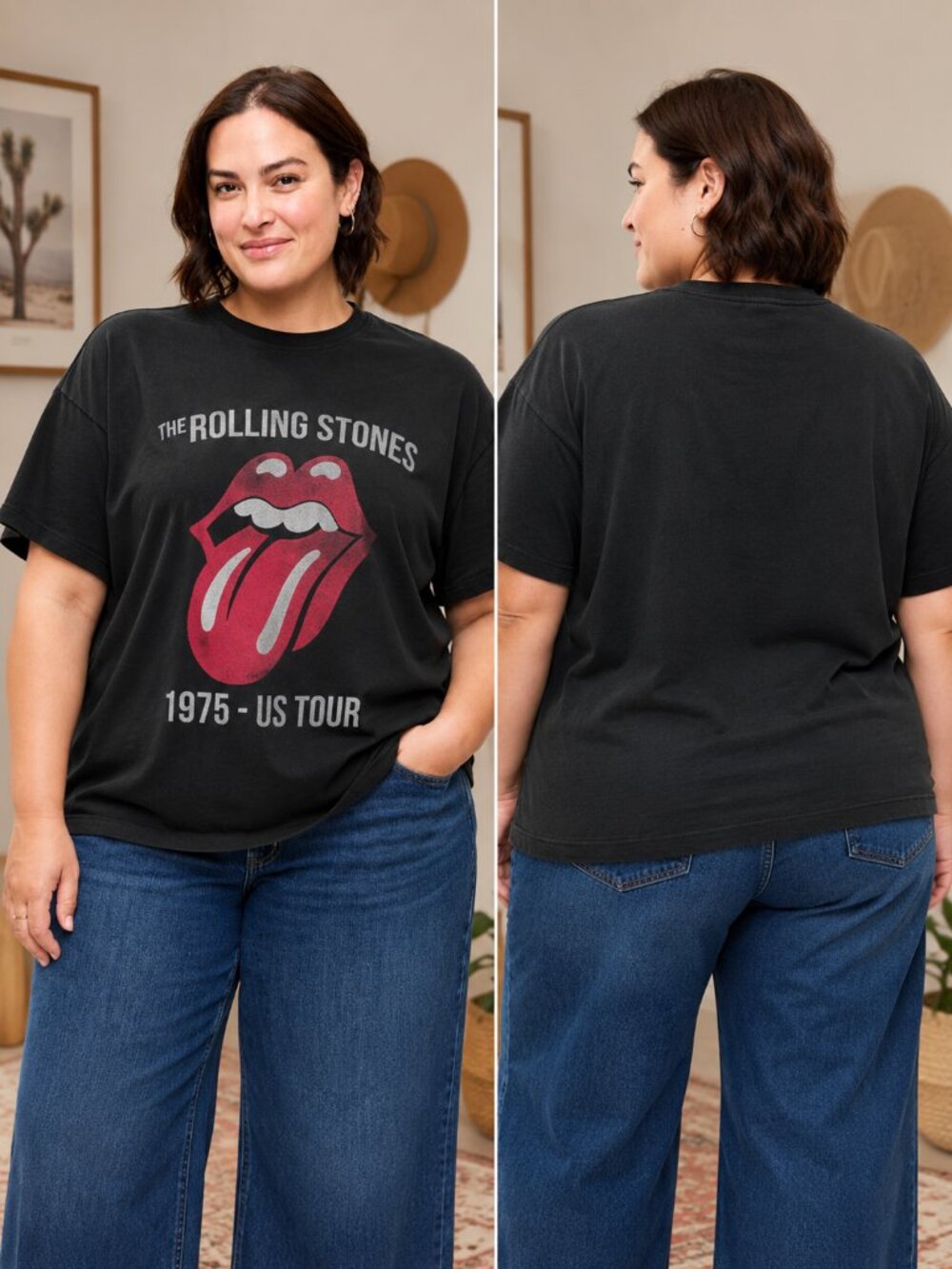 ROLLING STONES 1975 US Tour Graphic Band Tee | Vintage Wash Oversized Rocker Tee